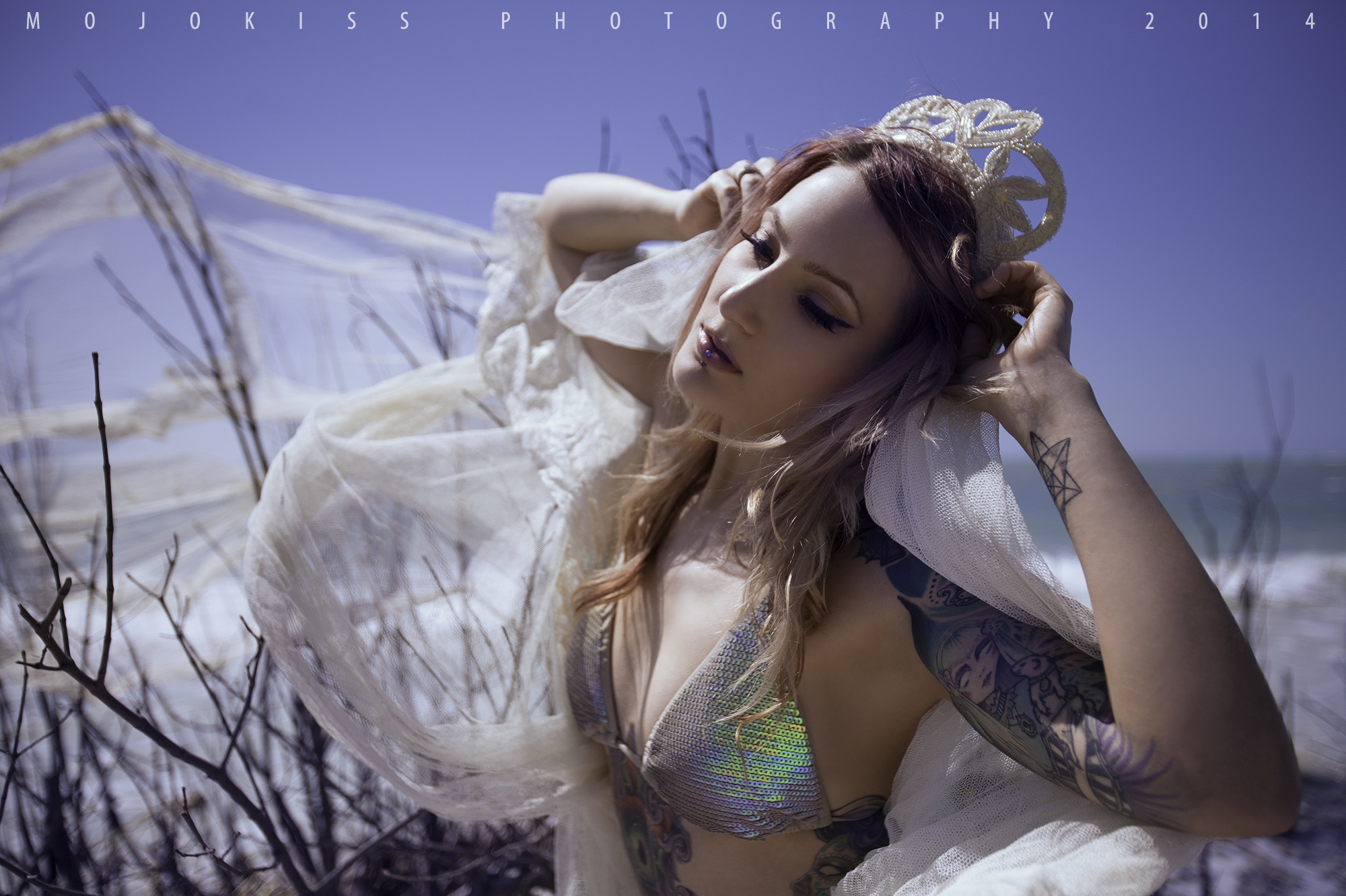 beach veil tattoo girl dead trees wilderness